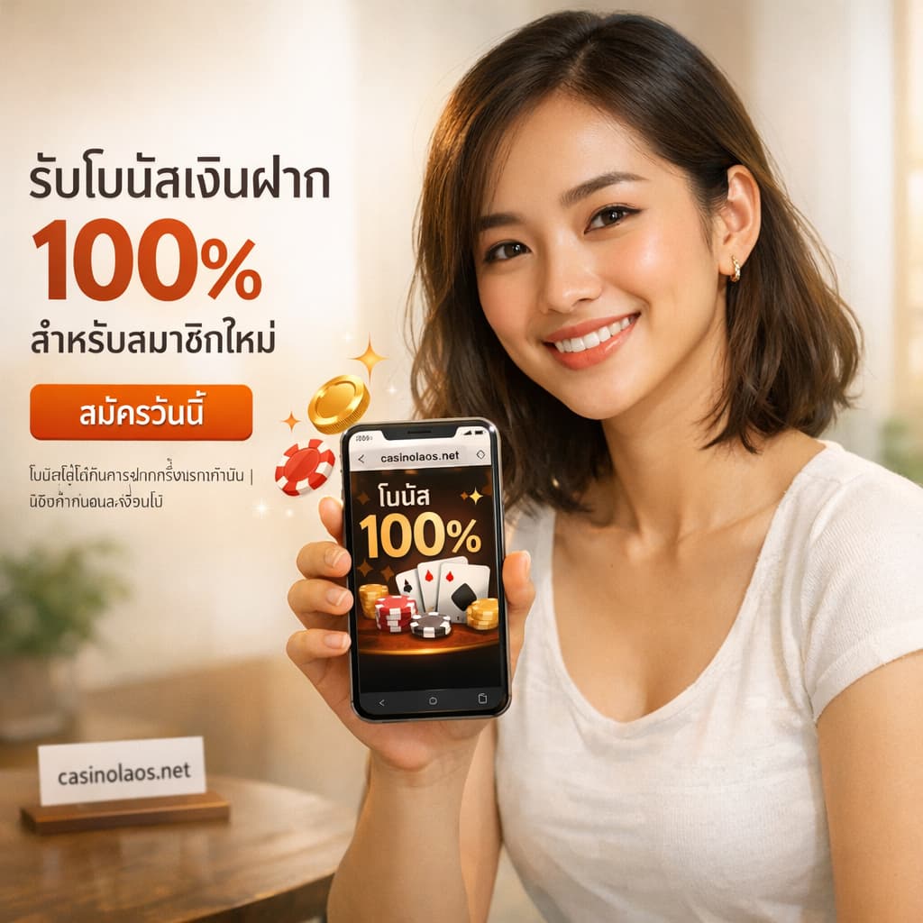 ຜູ້ຍິງລາວອາຍຸໃໝ່ຢິ້ມຖືໂທລະສັບ ສະແດງໜ້າຈໍເວັບທີ່ມີຫົວຂໍ້ພາສາໄທ "รับโบนัสเงินฝาก 100% สำหรับสมาชิกใหม่" ແລະມີ URL casinolaos.net ຢູ່ແຖວເບິ່ງ.