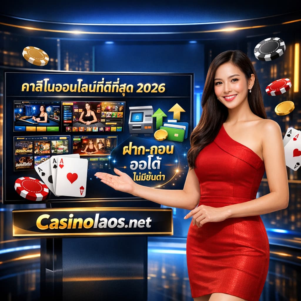 ພາບສະແດງຜູ້ນຳສະເໜີຍິງໄທກຳລັງແນະນຳຄາສິໂນອອນລາຍທີ່ດີທີ່ສຸດປີ 2026 ພ້ອມລະບົບຝາກ-ຖອນອັດຕະໂນມັດ ບໍ່ມີຂັ້ນຕ່ຳ ມີປ້າຍ Casinolaos.net ຢູ່ດ້ານລຸ່ມ.